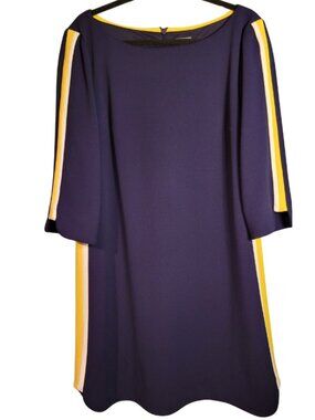 Vince Camuto Navy Blue Sheath Dress 3/4 Sleeve Yellow White Stripe Size 16